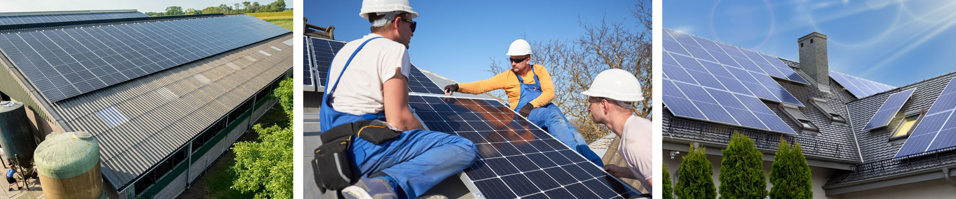 barn solar panels and workers on roof with solar panels and home solar panels