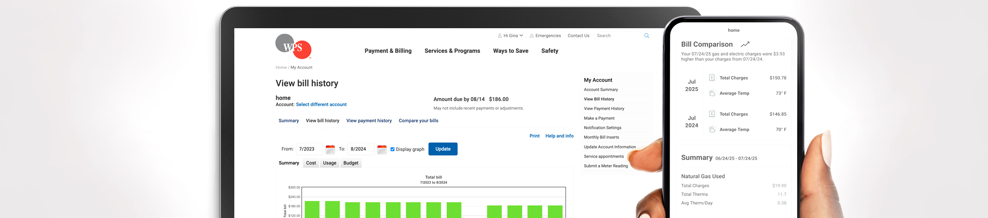 laptop displaying my account chart and phone displaying bill comparison content
