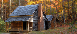 log cabin in a wooded setting