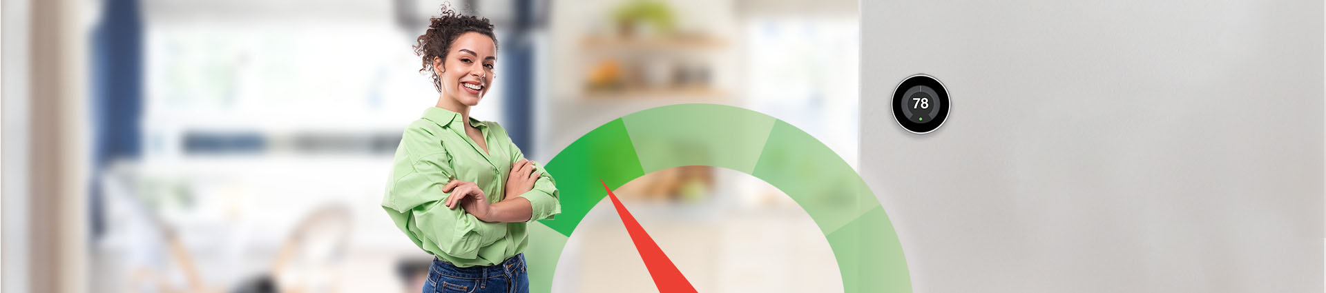happy woman standing by thermostat with a graphic meter gauge